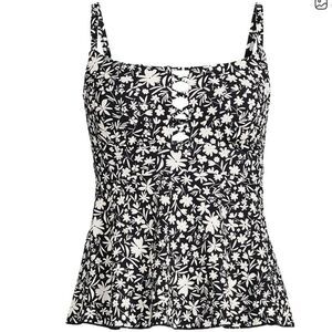 Land's End Lace Up Flutter Loose Fit Tankini Top Black White Floral Print 18 W